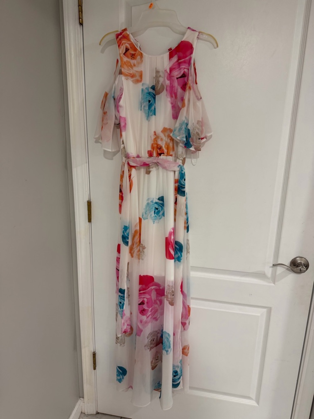 Floor length white floral dress with removable sash belt